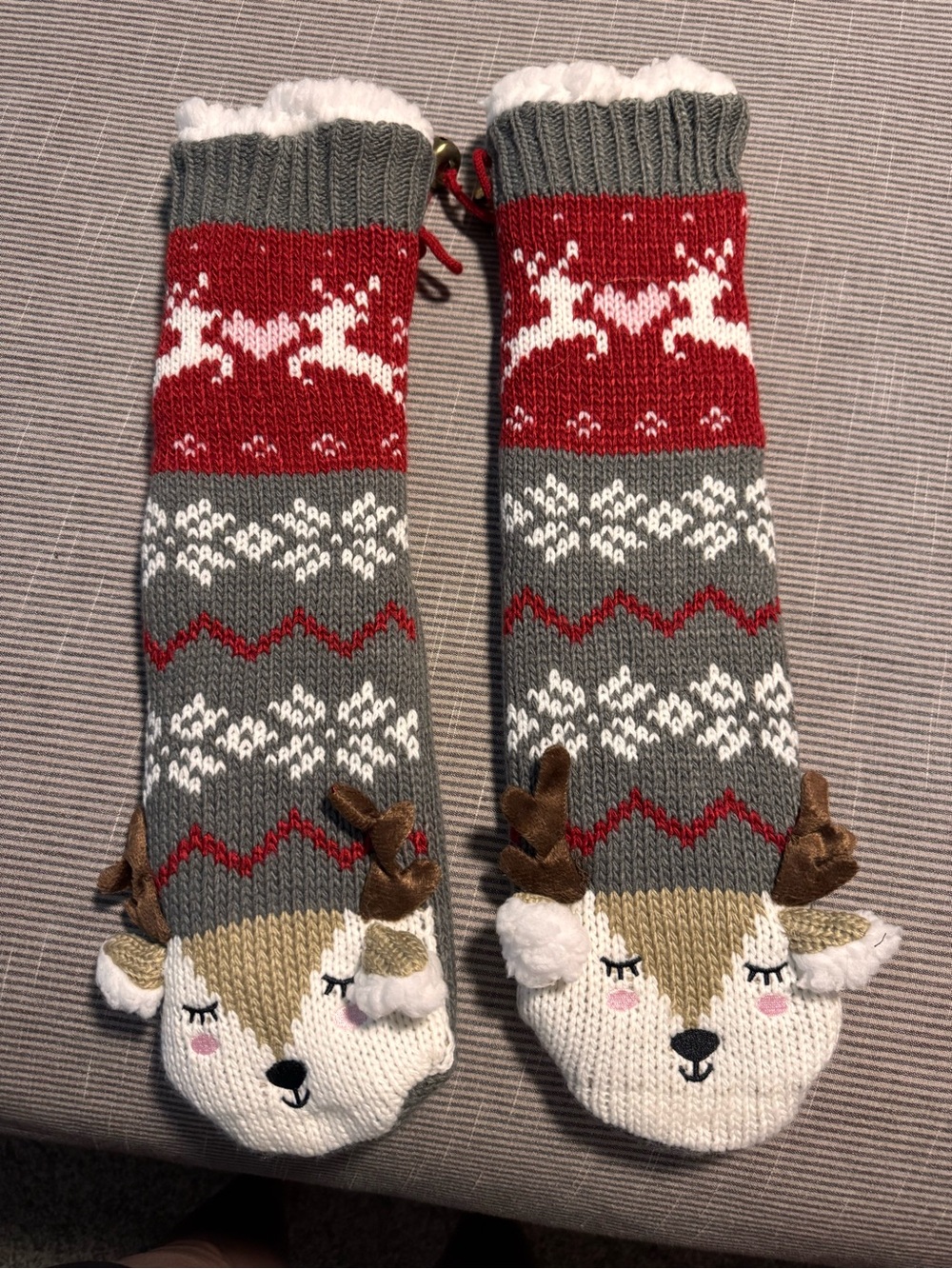 Reindeer Knit Slipper Socks - Gray, Red, White
